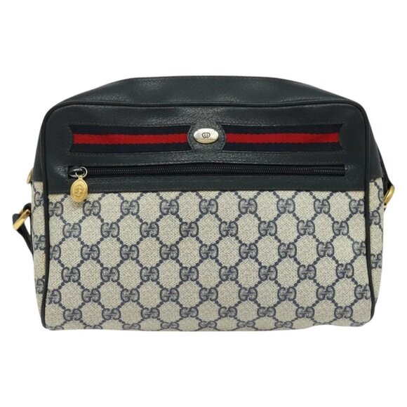 GUCCI GG Supreme Sherry Line Shoulder Bag PVC Navy Gold Auth - Picture 2 of 16